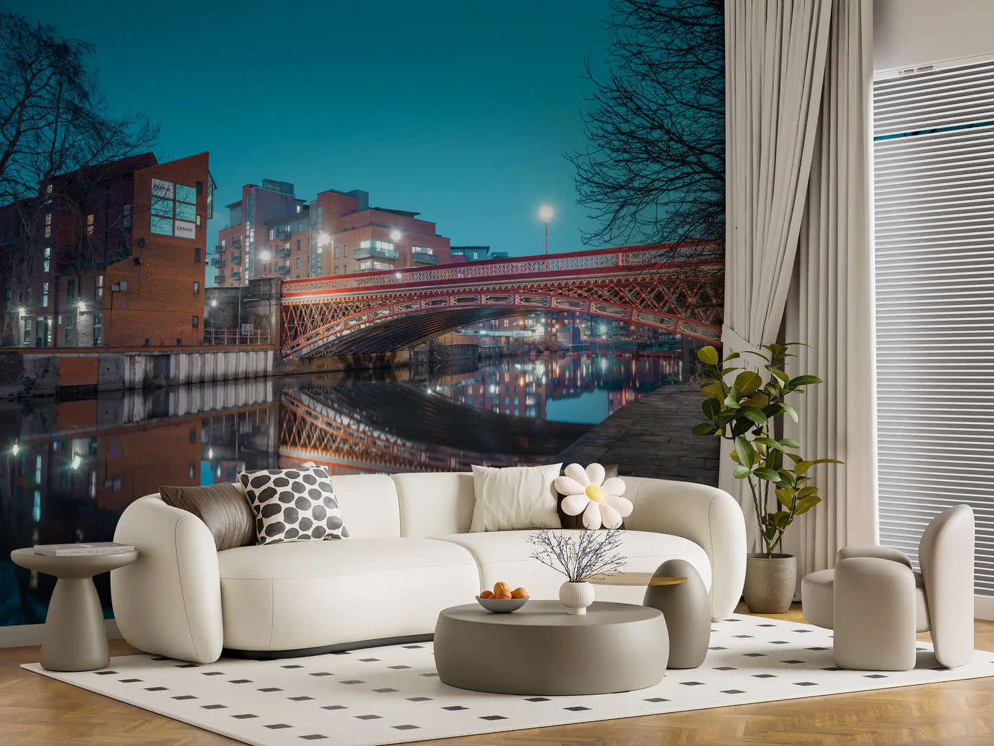 Urban River Reflection Bridge Wall Mural