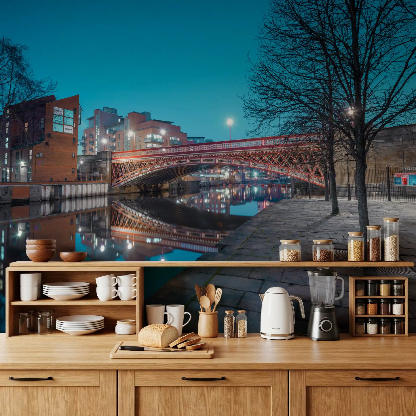 Urban River Reflection Bridge Wall Mural