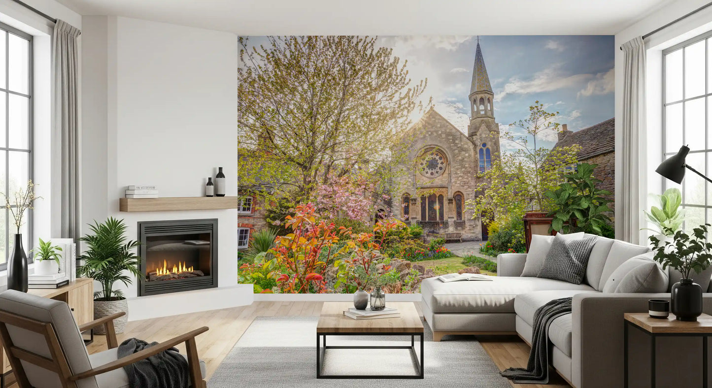 Sunlit English Church Garden Wall Mural