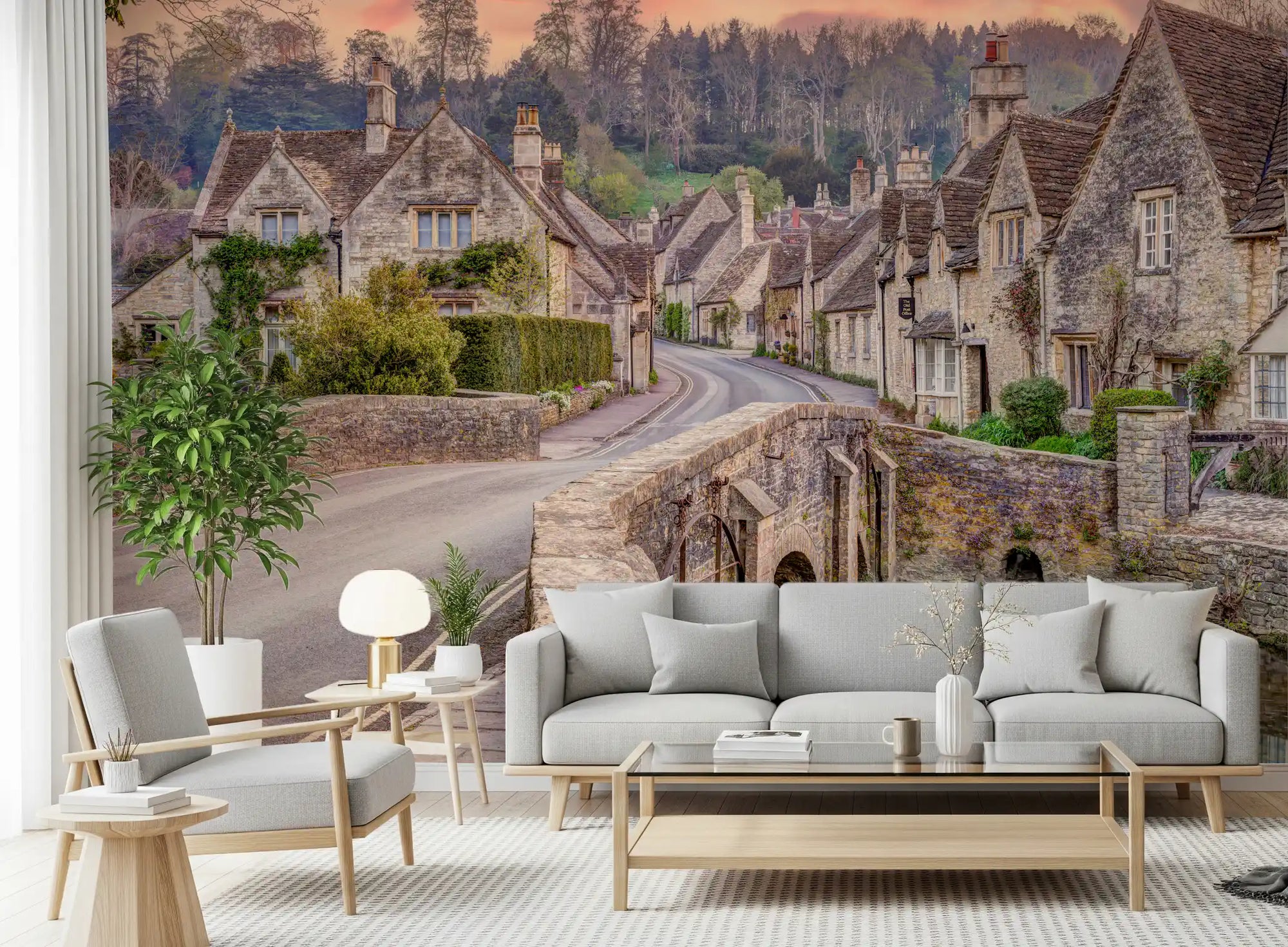 Cotswold village sunset wall mural glows behind a calm living room, GD11181
