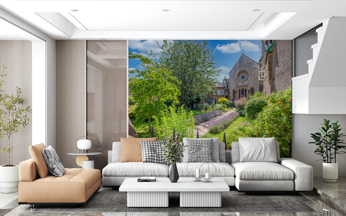 Old Town Stone Church Garden Scene Wall Mural