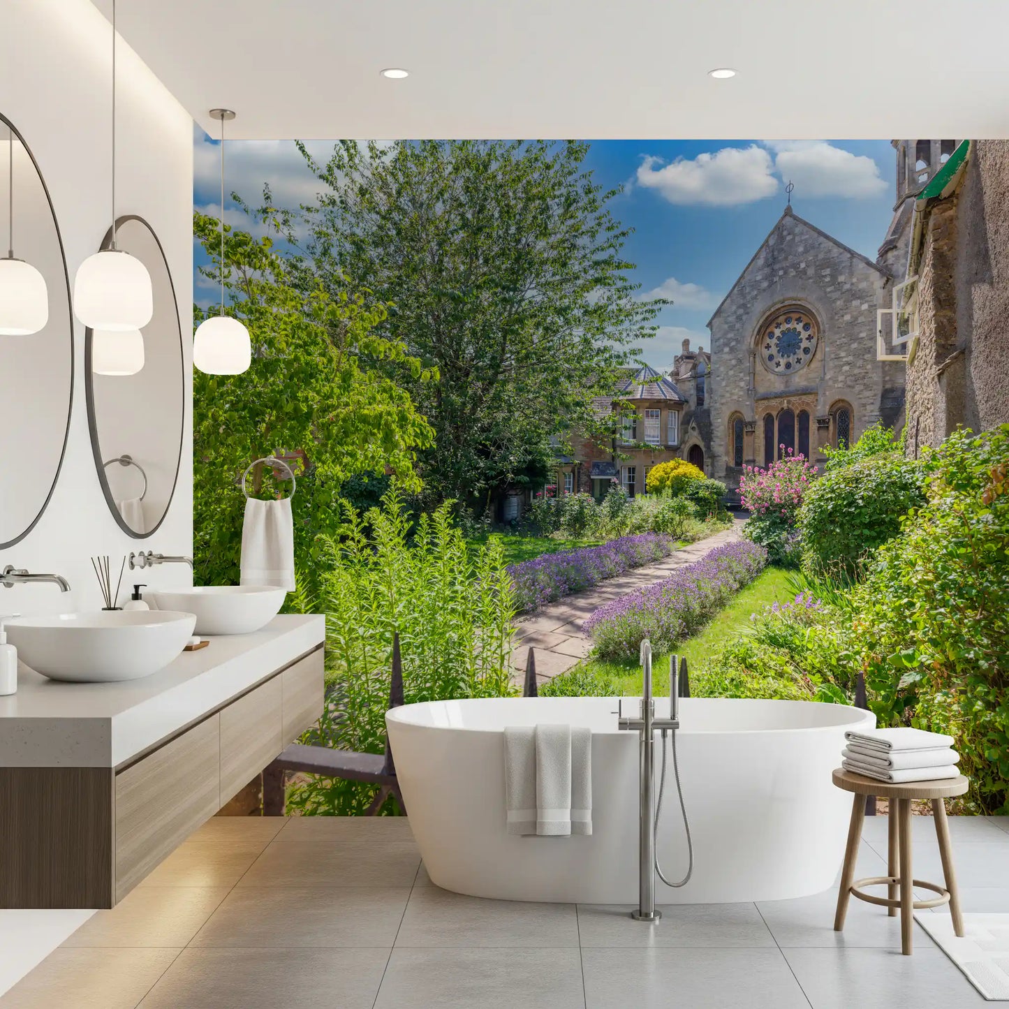 Old Town Stone Church Garden Scene Wall Mural