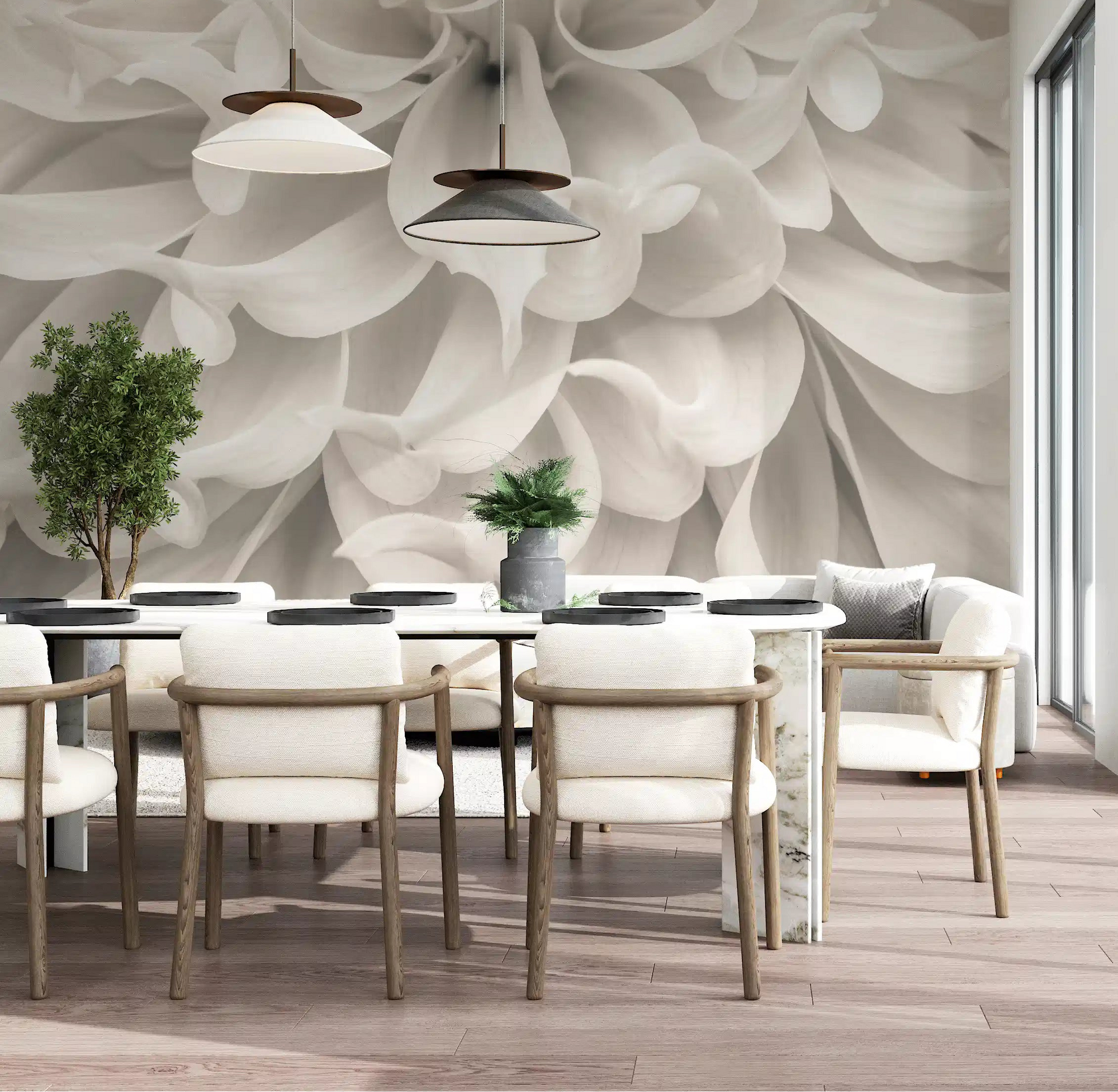 Ivory petals swirl in this cream dahlia wall mural above a dining room GD11183
