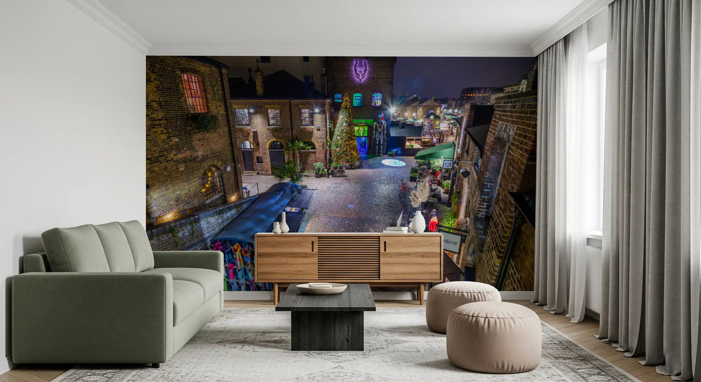London Nighttime Cobblestone Market Square Wall Mural