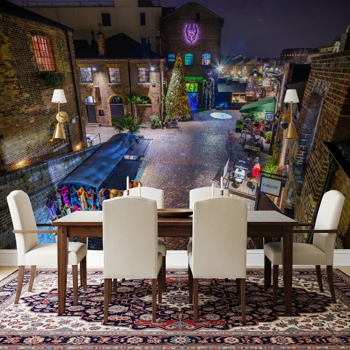 London Nighttime Cobblestone Market Square Wall Mural