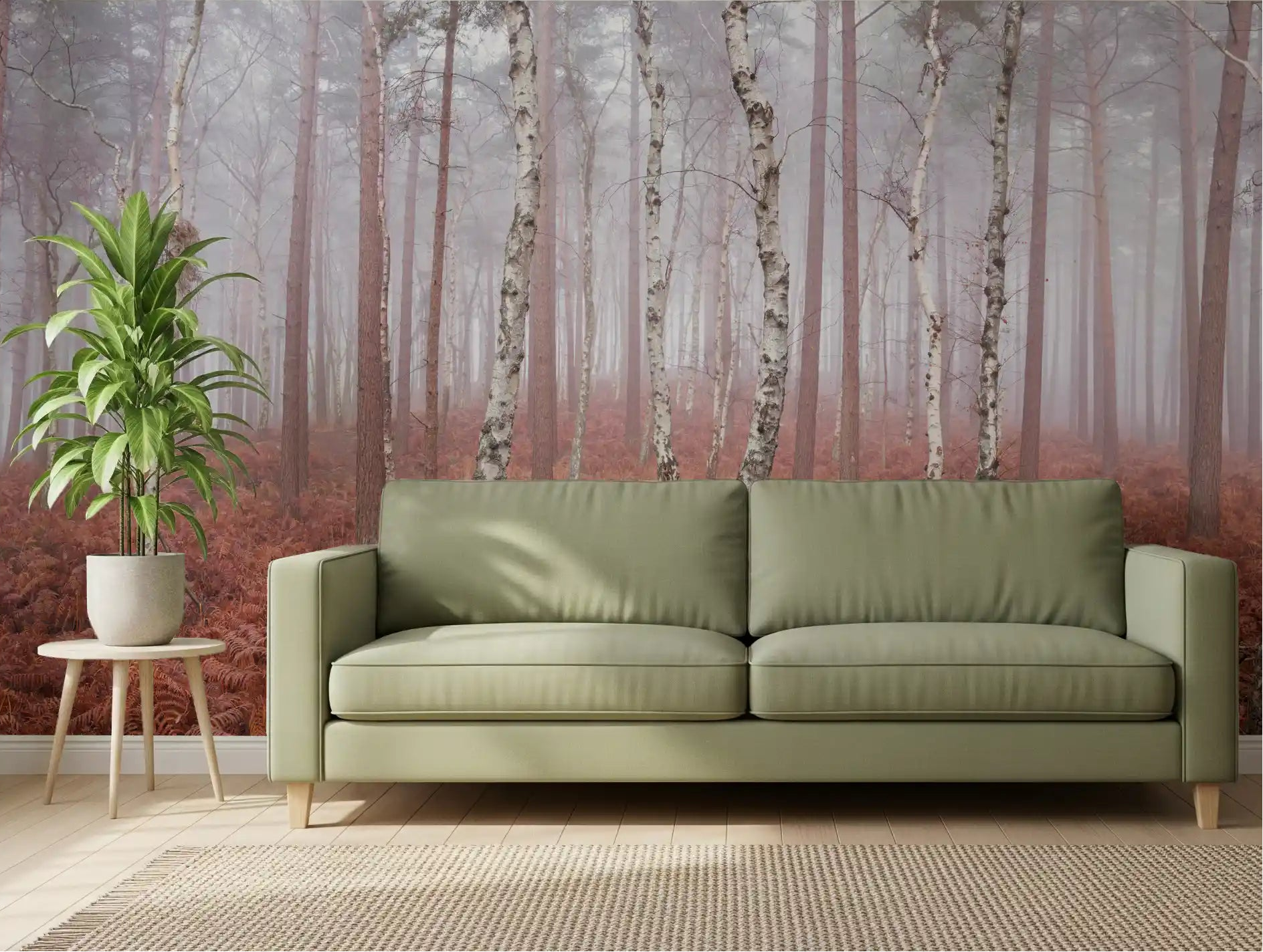 Misty Woodland wall mural calming a living room in pale fog GD11187
