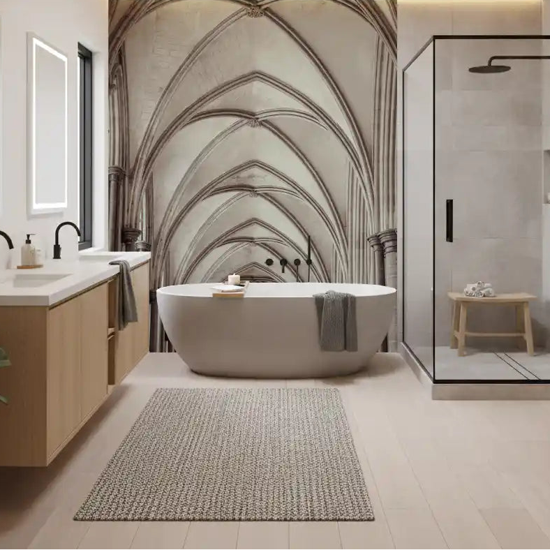 Gothic Stone Vaulting wall mural arching in warm sepia over a bathroom, GD11188
