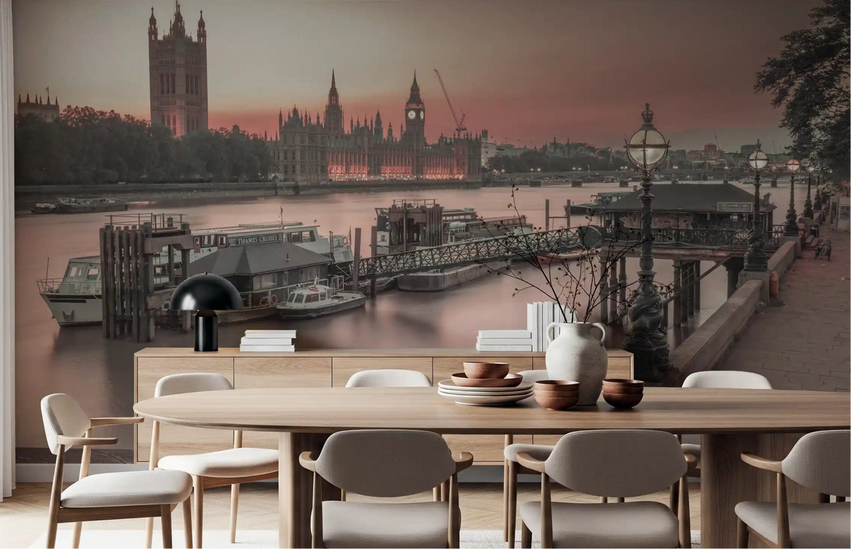 Sunset light on the London river wall mural set across a Dining room GD11196
