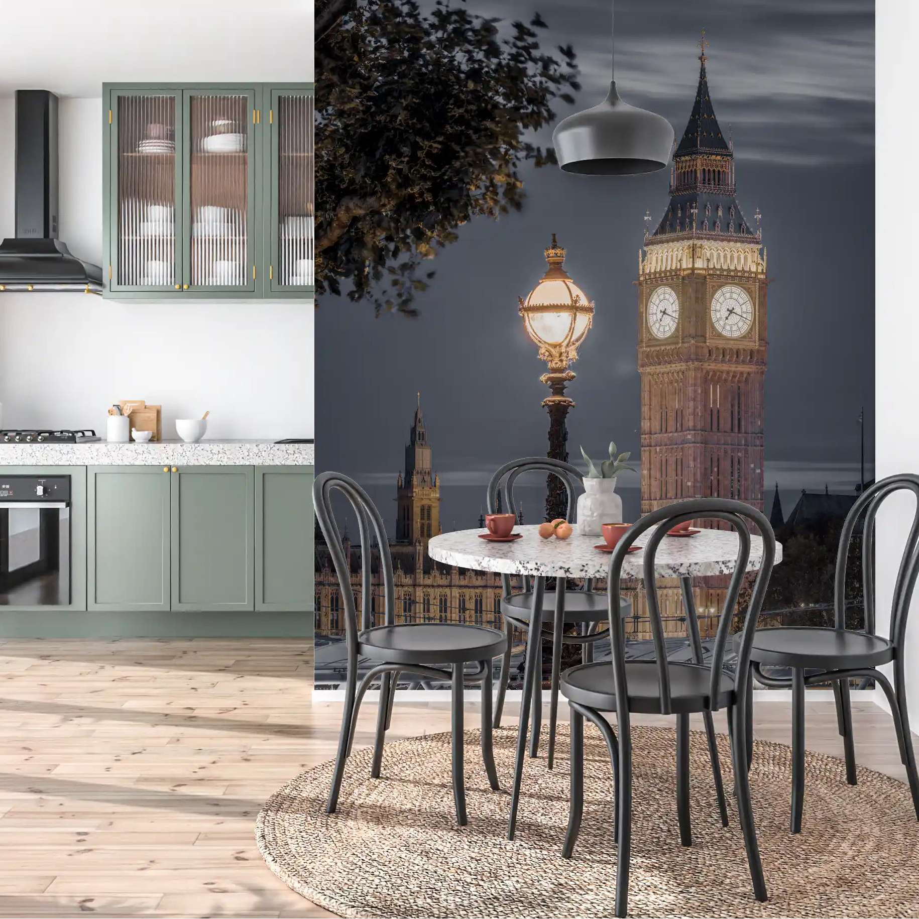 London Clock Tower wall mural glowing over a kitchen-dining area GD11197
