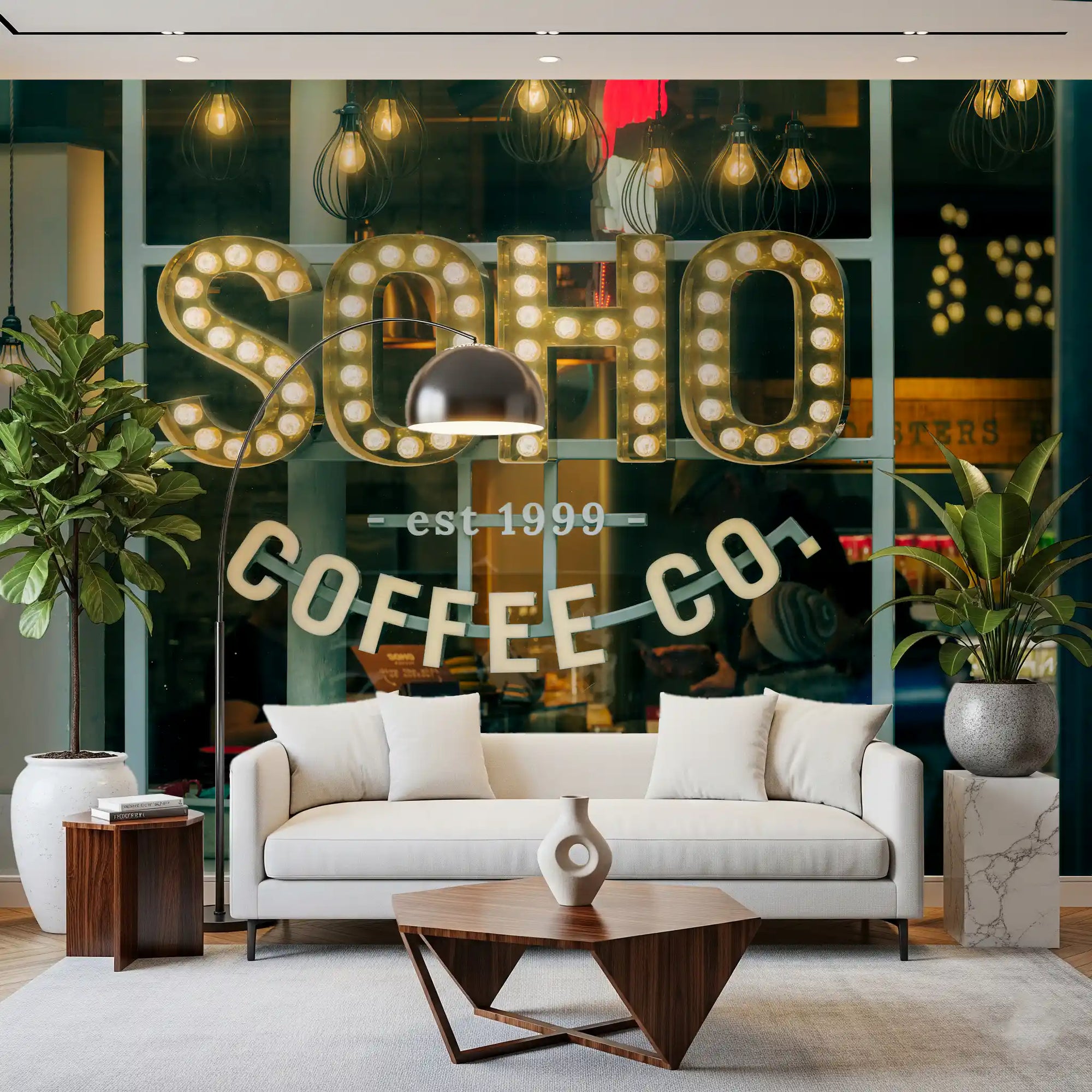 Urban Coffee House Neon Sign as a wall mural lighting a living room GD11199