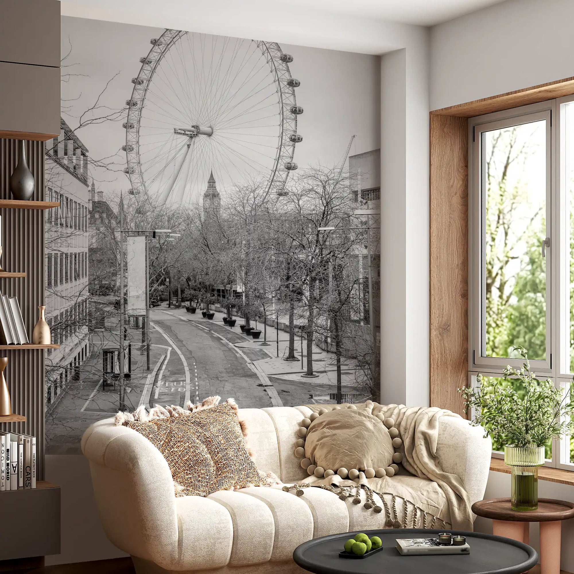 Monochrome London Eye wall mural giving a living room a grey focal point GD11201