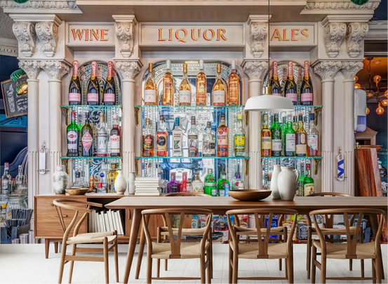 Gold WINE LIQUOR ALES sign on a tavern back bar wall mural in a Dining room GD11202