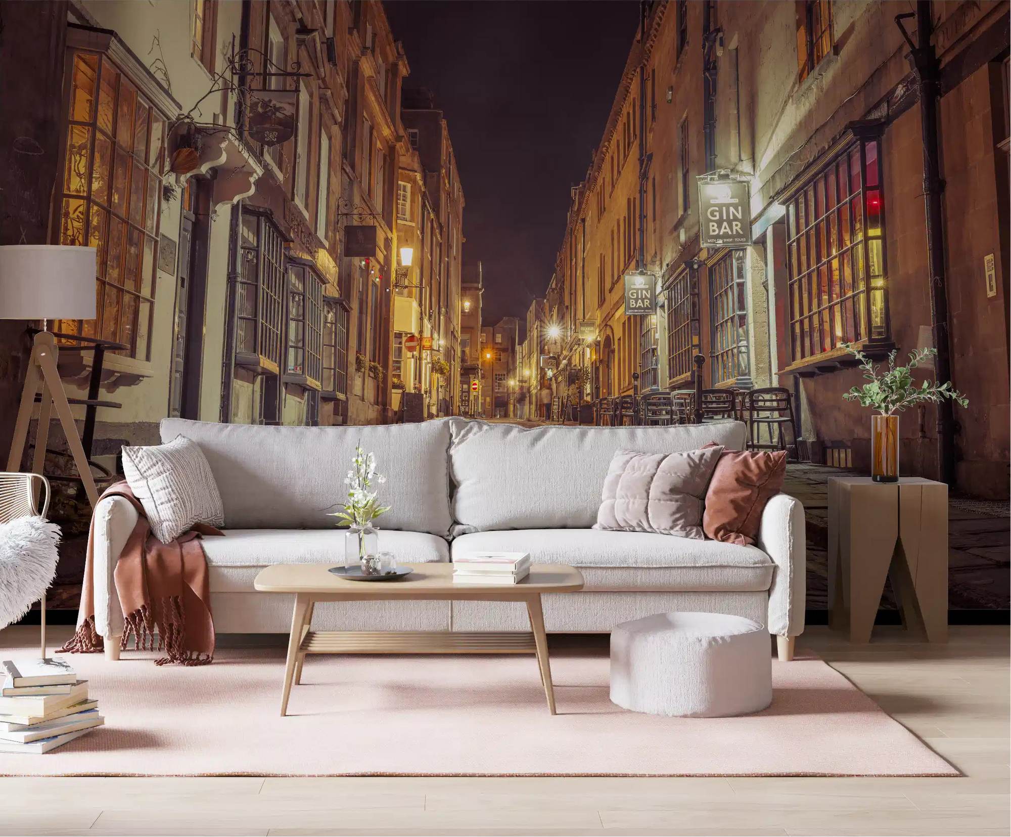 Golden lamplit cobbled alleyway wall mural glowing over a living room GD11204