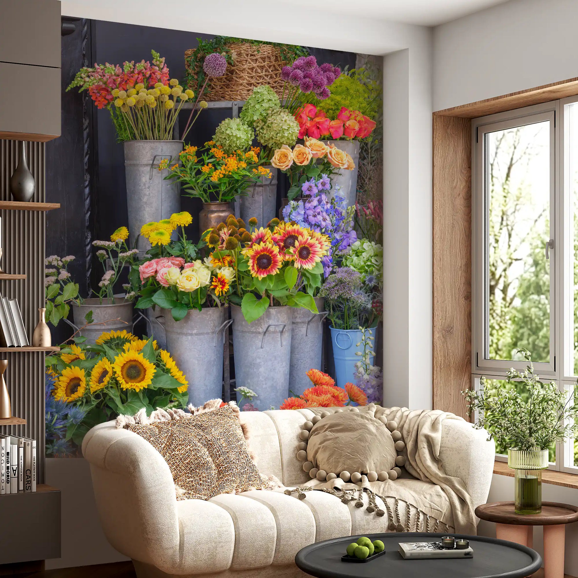 Rustic Market Stall wall mural filling a living room with cut blooms, GD11207