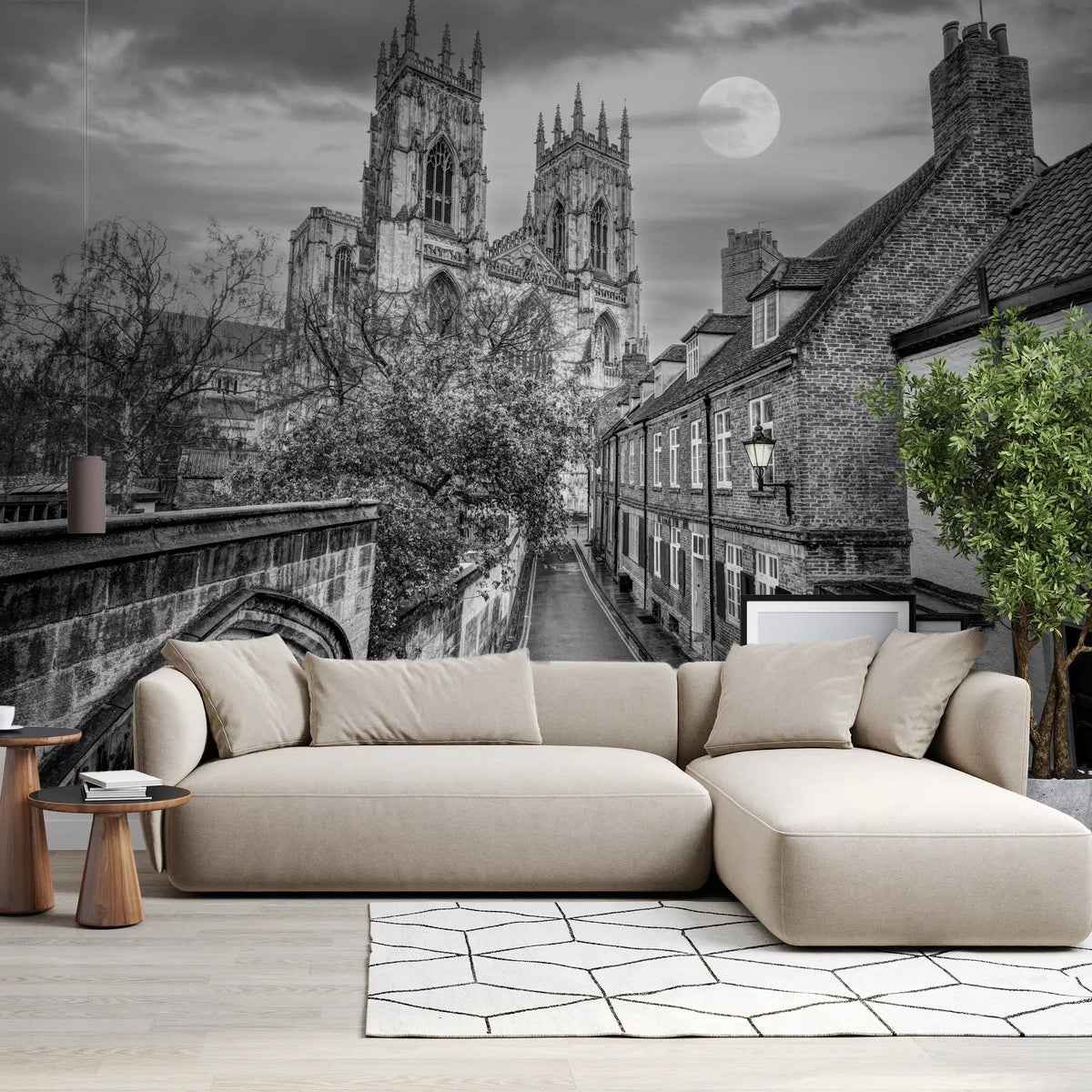 Moonlit York Minster towers glow on a wall mural in a living room GD11212