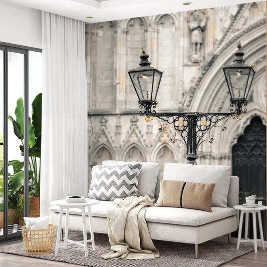 Gothic cathedral lantern wall mural adding a tall feature to a living room GD11215
