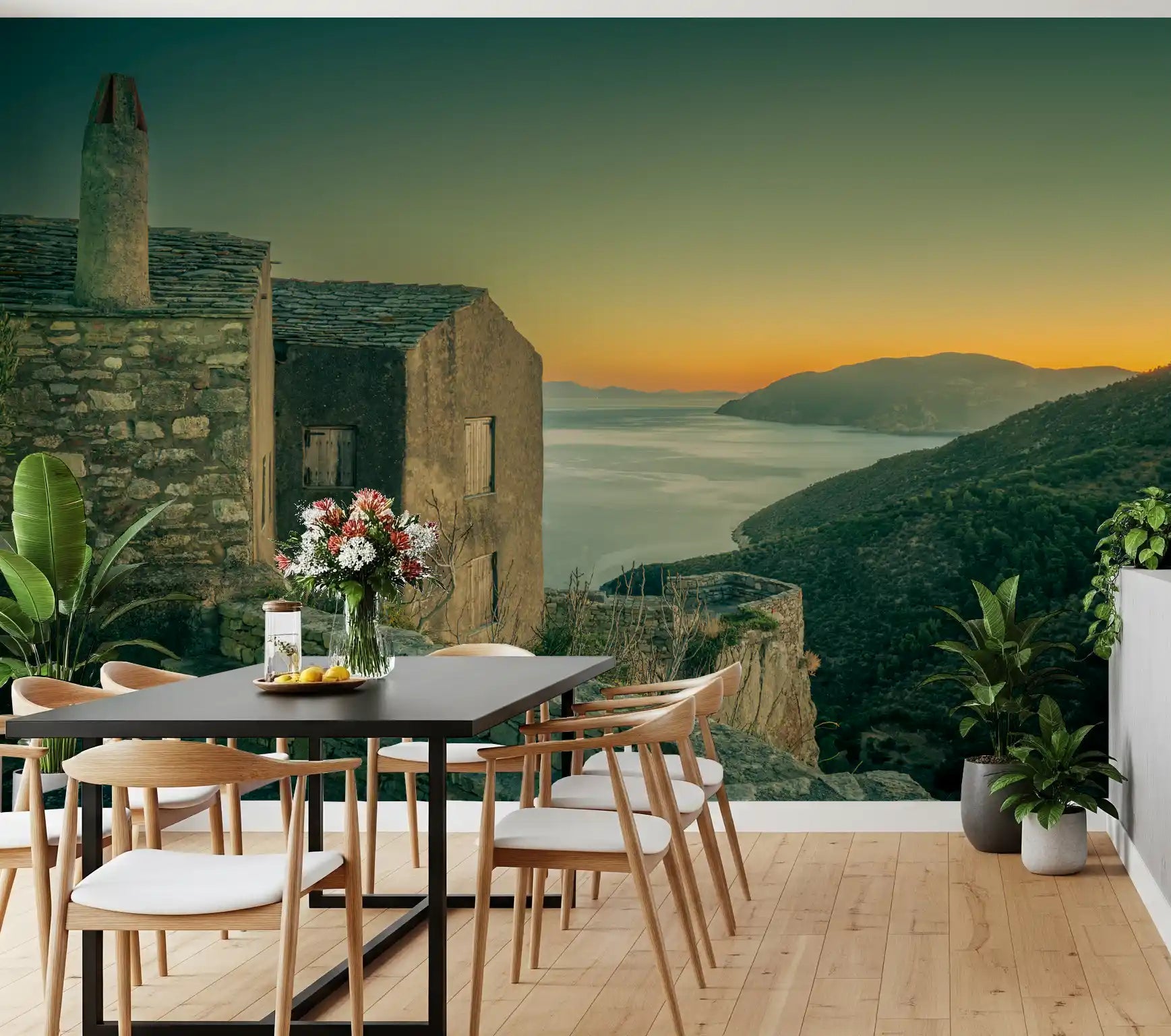 Mediterranean cliffside haven wall mural giving a living room a wide coastal view GD11218