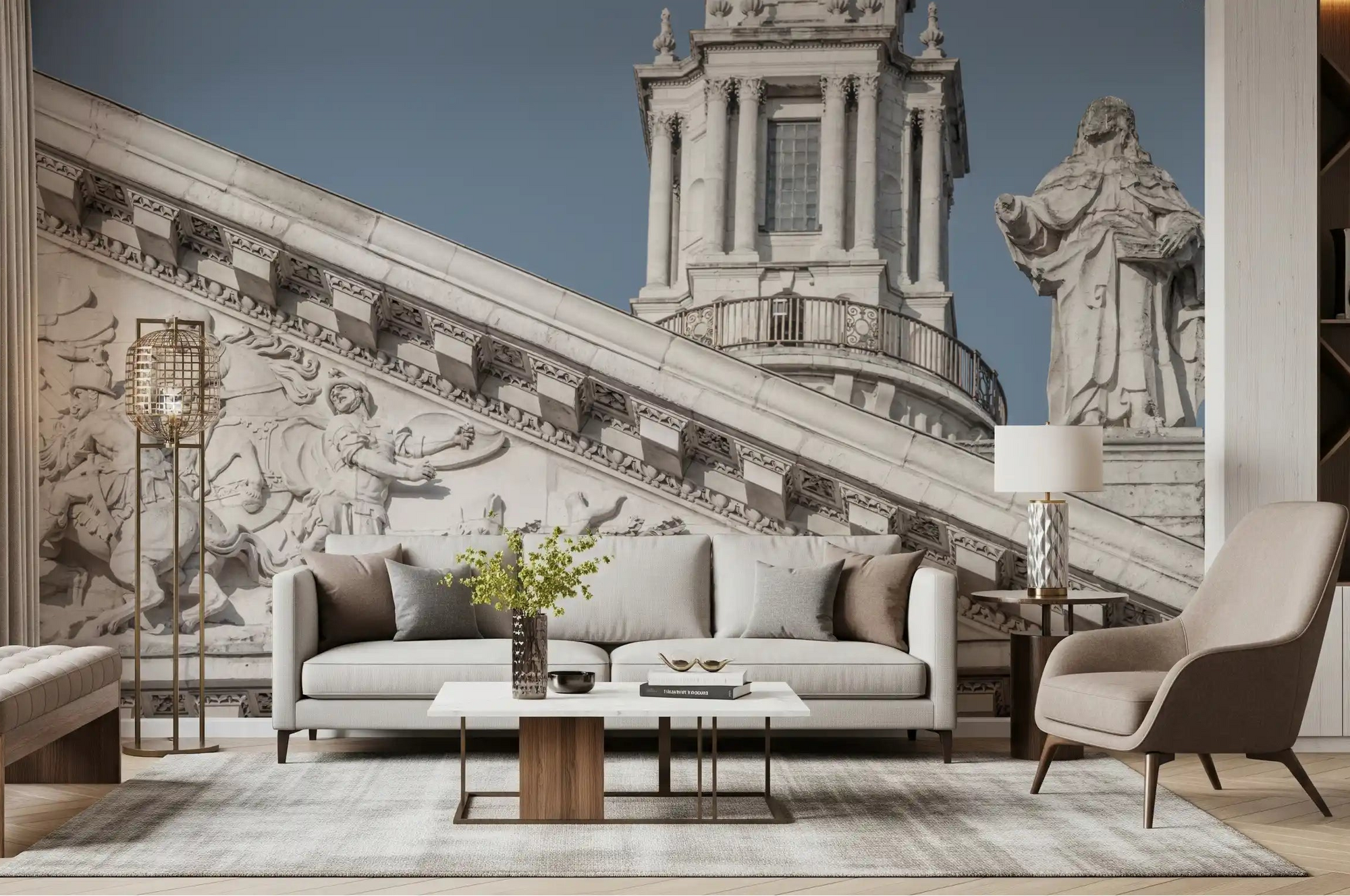 Neoclassical facade columns rise on a wall mural in a living room GD11222