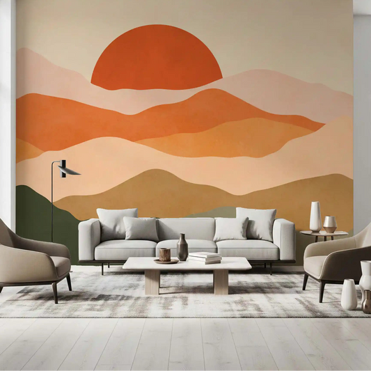 On the wall mural a terracotta sun tops the peaks in a calm Living room glow GD11226
