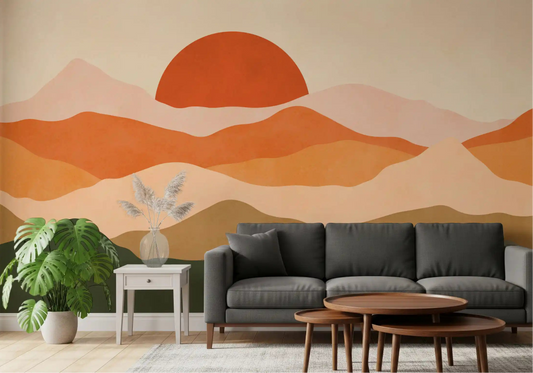 Minimalist Sunset Peaks glow on the wall mural across a living room GD11226
