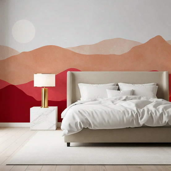 Wall mural in a calm bedroom holds the Crimson Mountain Horizon glow GD11228
