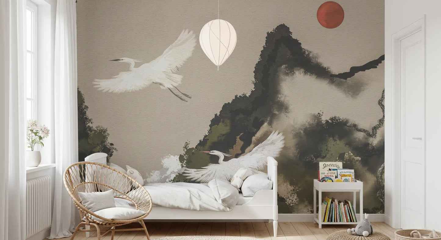 Zen Heron Mountain Landscape Wall Mural