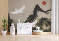 Zen Heron Mountain Landscape Wall Mural