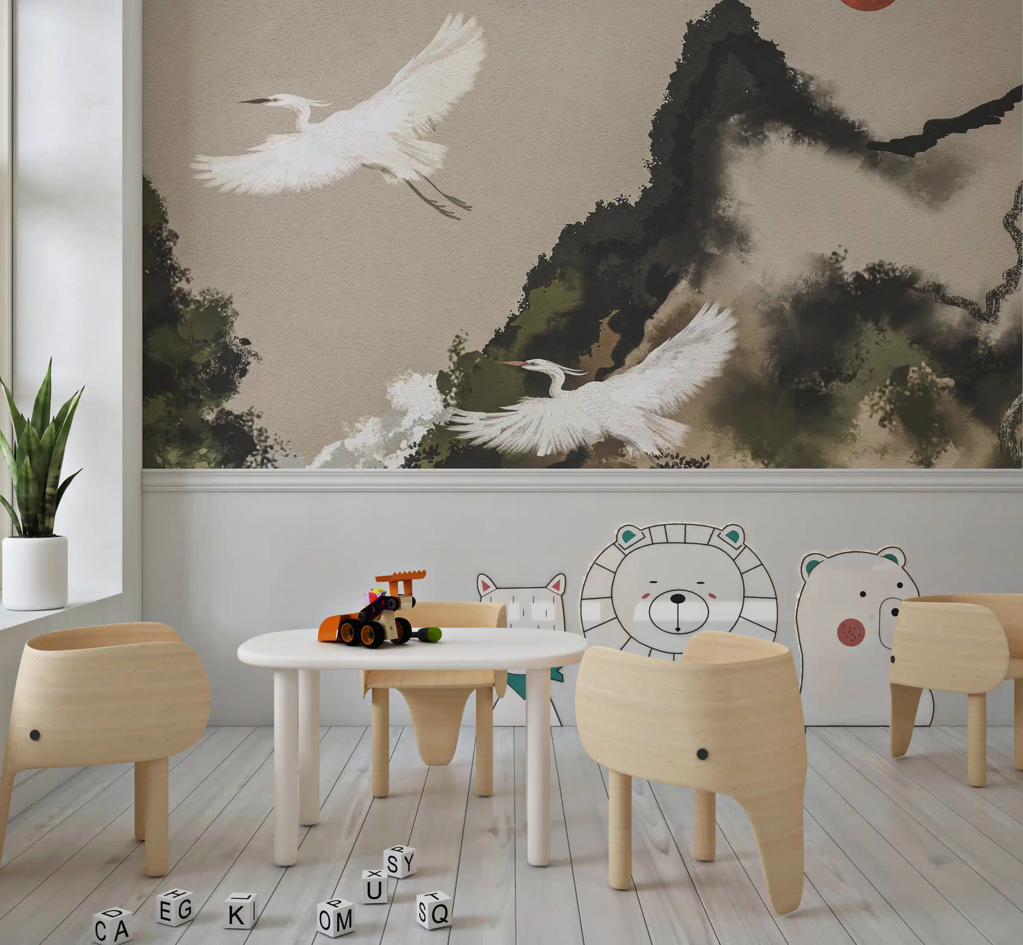 Zen Heron Mountain Landscape Wall Mural