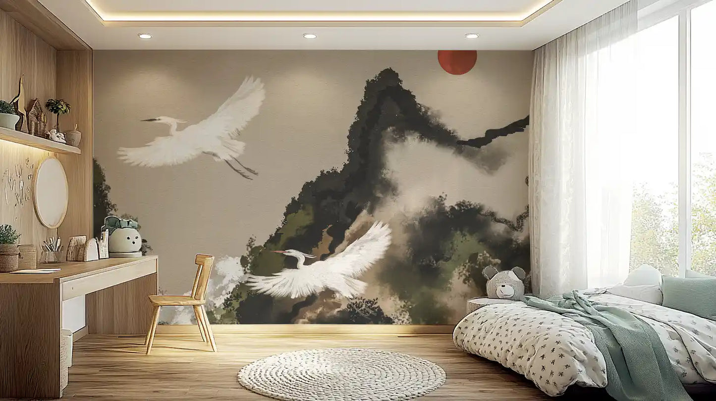 Zen Heron Mountain Landscape Wall Mural
