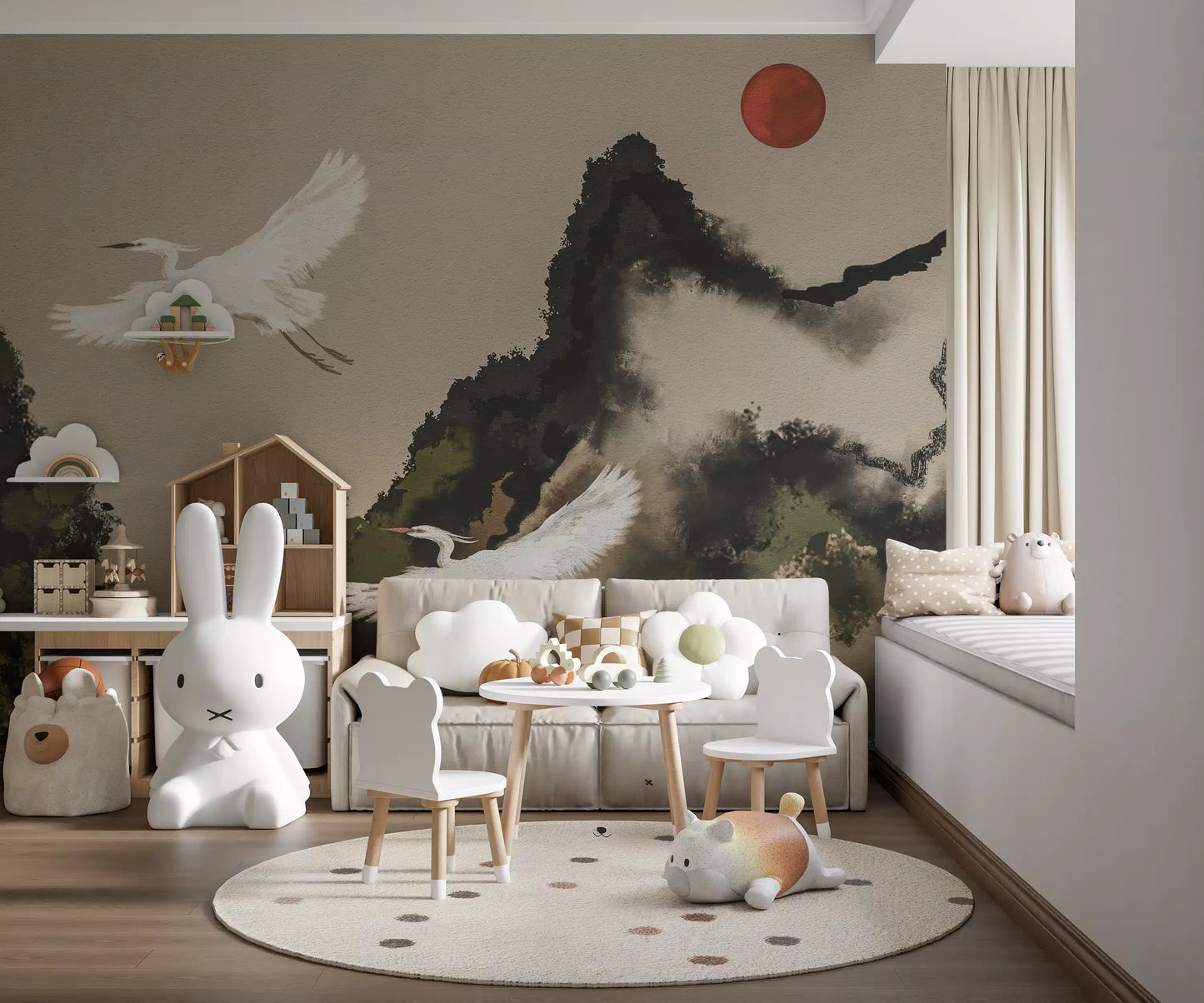 Zen Heron Mountain Landscape Wall Mural