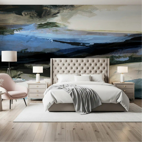 Wall mural in blue gives a Bedroom a calm horizon focus GD11231
