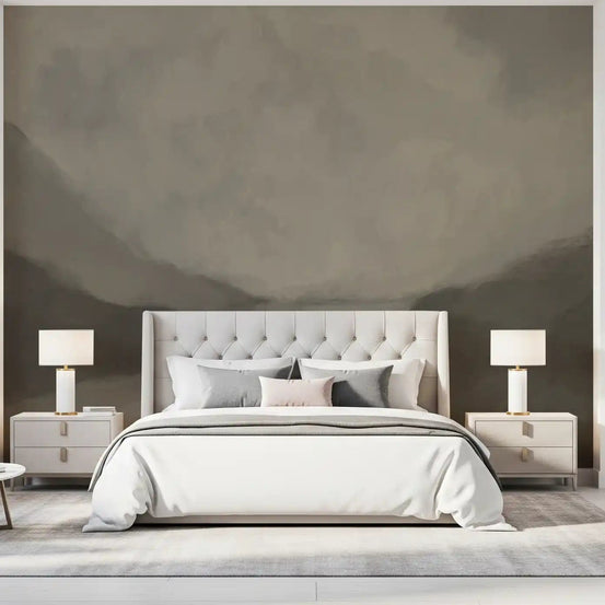 Grey mist rolls over a mountain valley on a living room wall mural GD11232