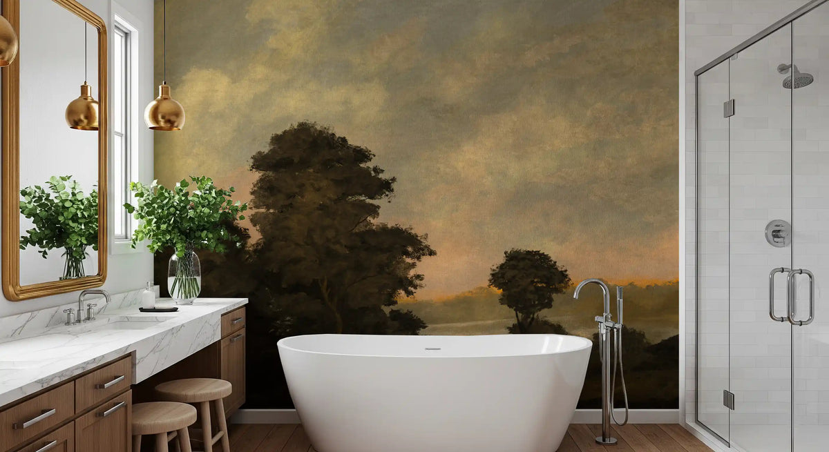 Amber horizon glows behind dark trees, a Rustic Sunset wall mural in a bathroom GD11239
