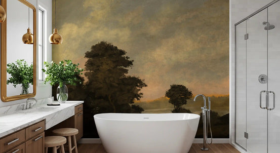 Amber horizon glows behind dark trees, a Rustic Sunset wall mural in a bathroom GD11239