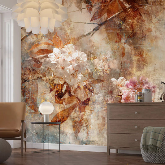 Copper leaves and pink blossoms fill a living room in this rustic wall mural GD11240
