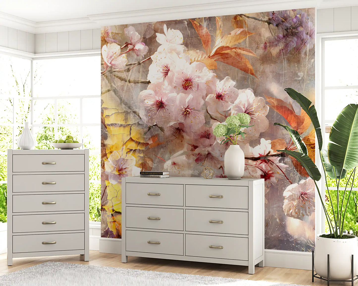 Rustic Golden Bloom Illustration Wall Mural