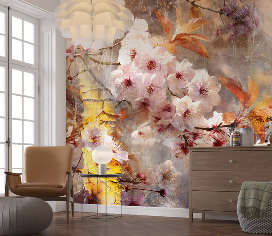 Golden bloom wall mural warming a living room in pink blossom GD11241
