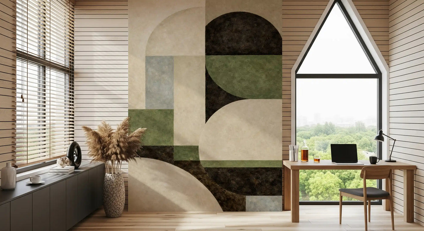 Organic earth palette wall mural with geometric arc elements GD11245
