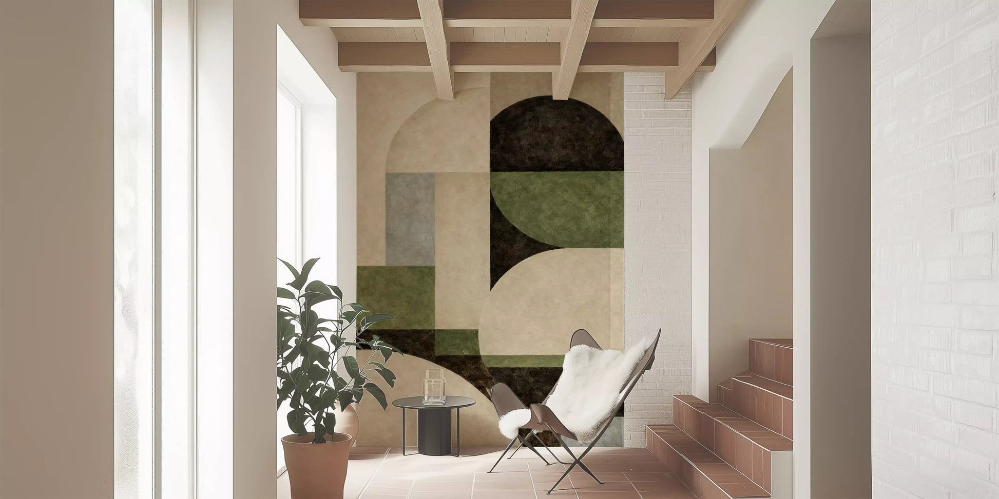 Contemporary semicircle wall mural with earthy abstract graphics GD11245
