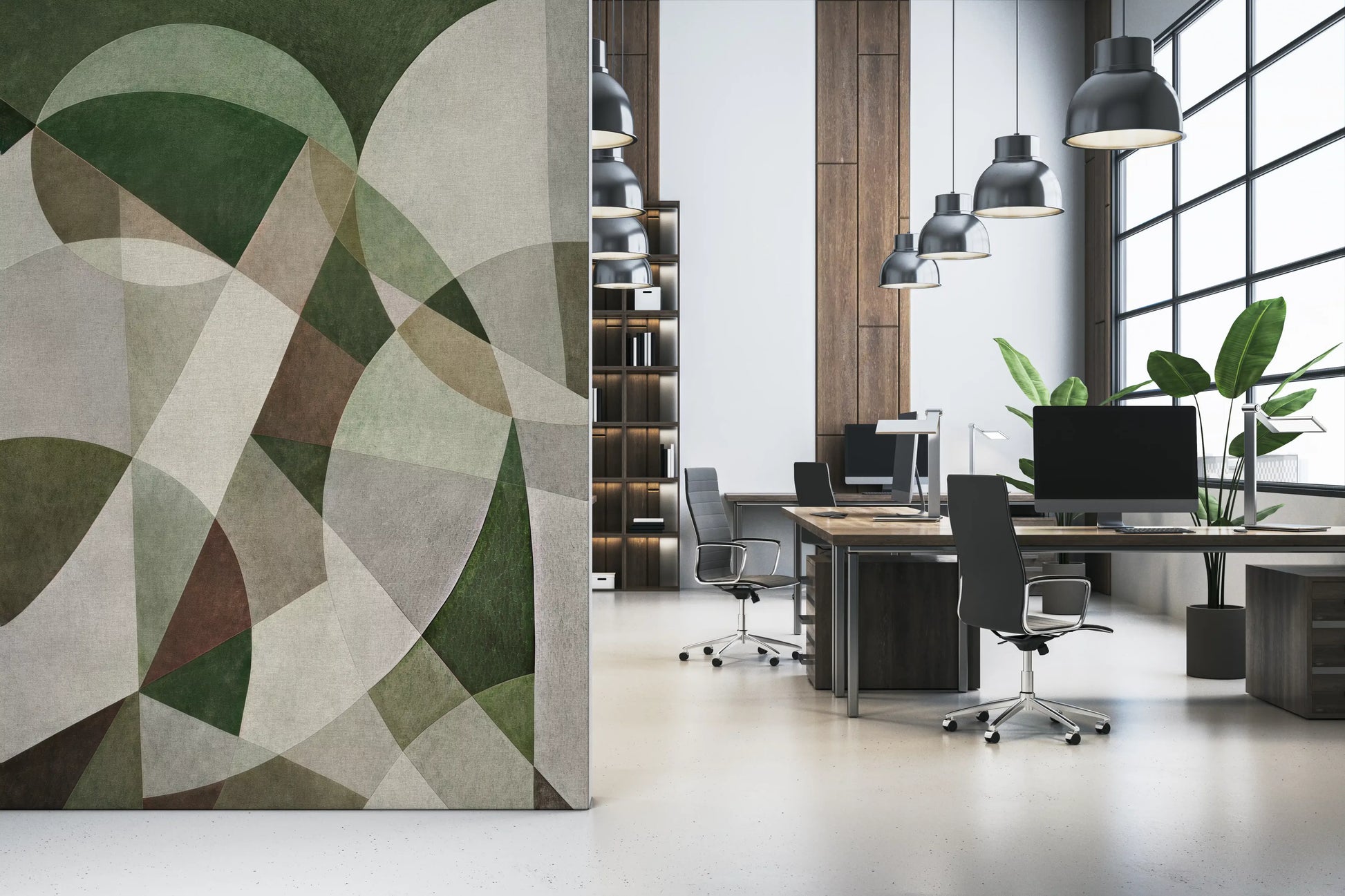 Muted green wall mural with intersecting abstract shapes GD11246