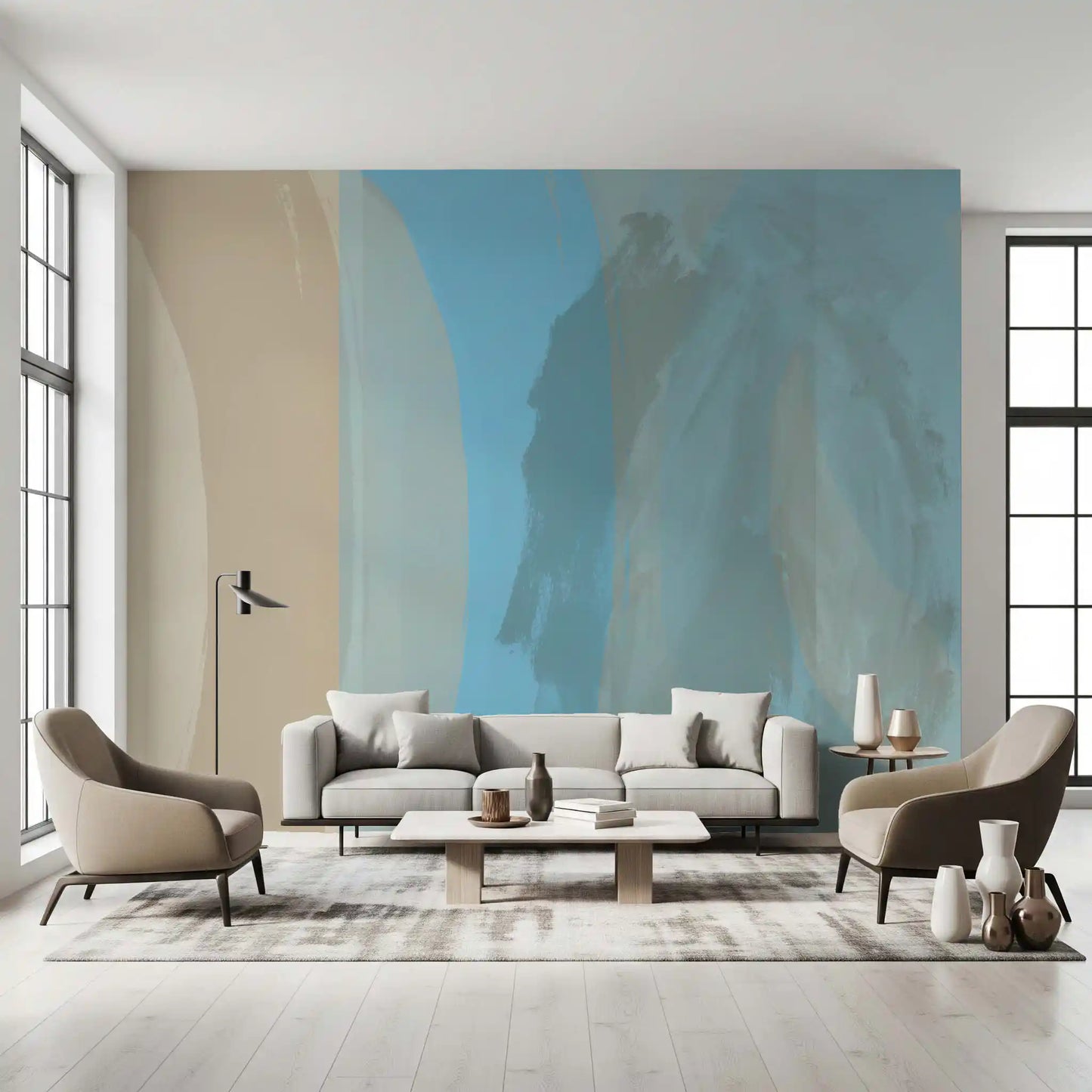 Elegant blue layered wall mural for a living room with artistic coastal pattern GD11251