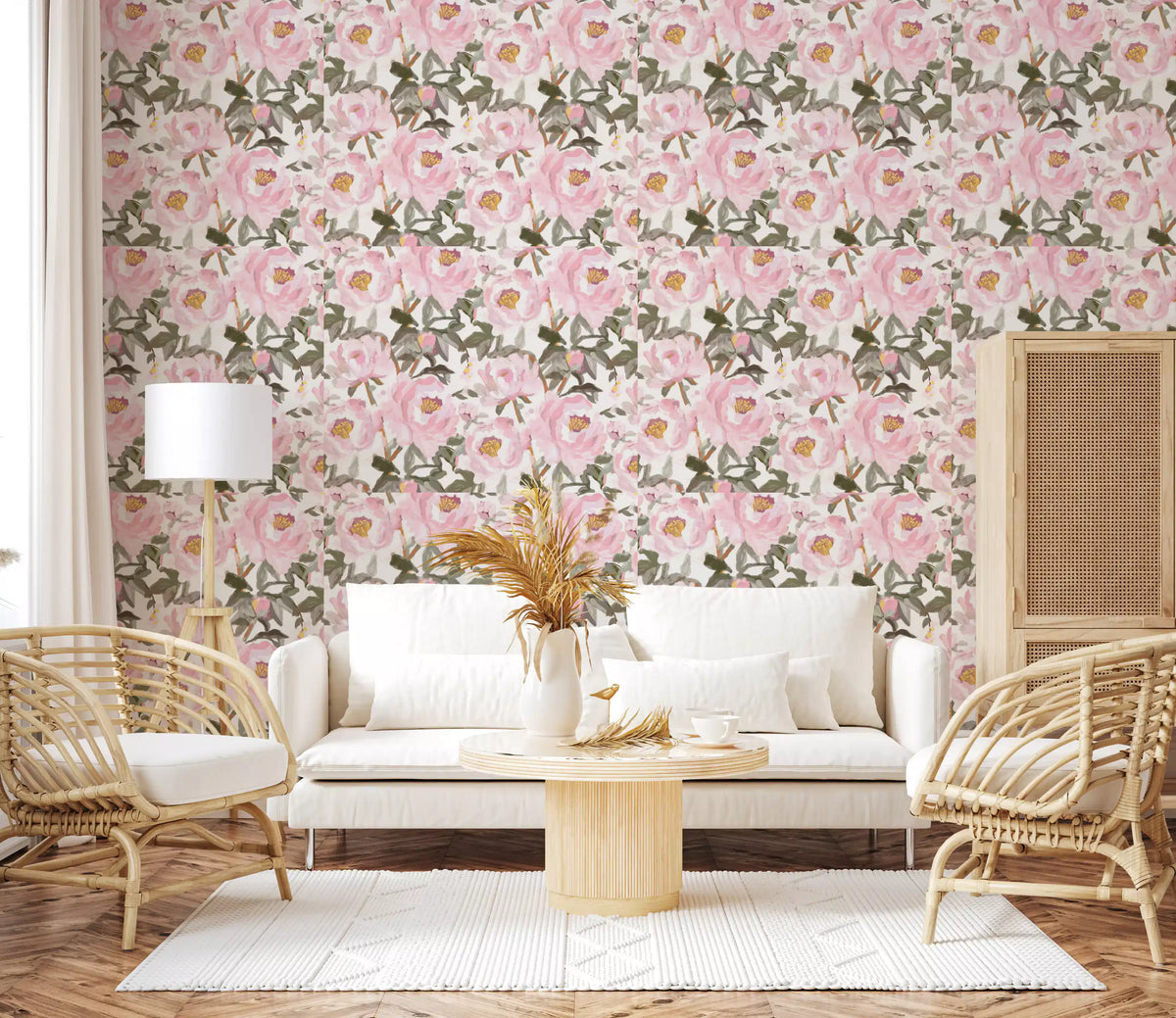 Pink peony garden wallpaper giving a living room a fresh floral look GD11255
