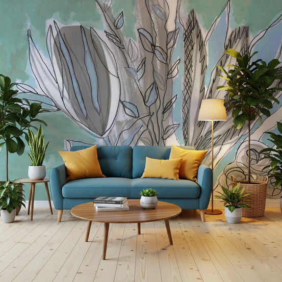 Teal botanical sketch wall mural filling a living room with grey buds and leaves GD11257
