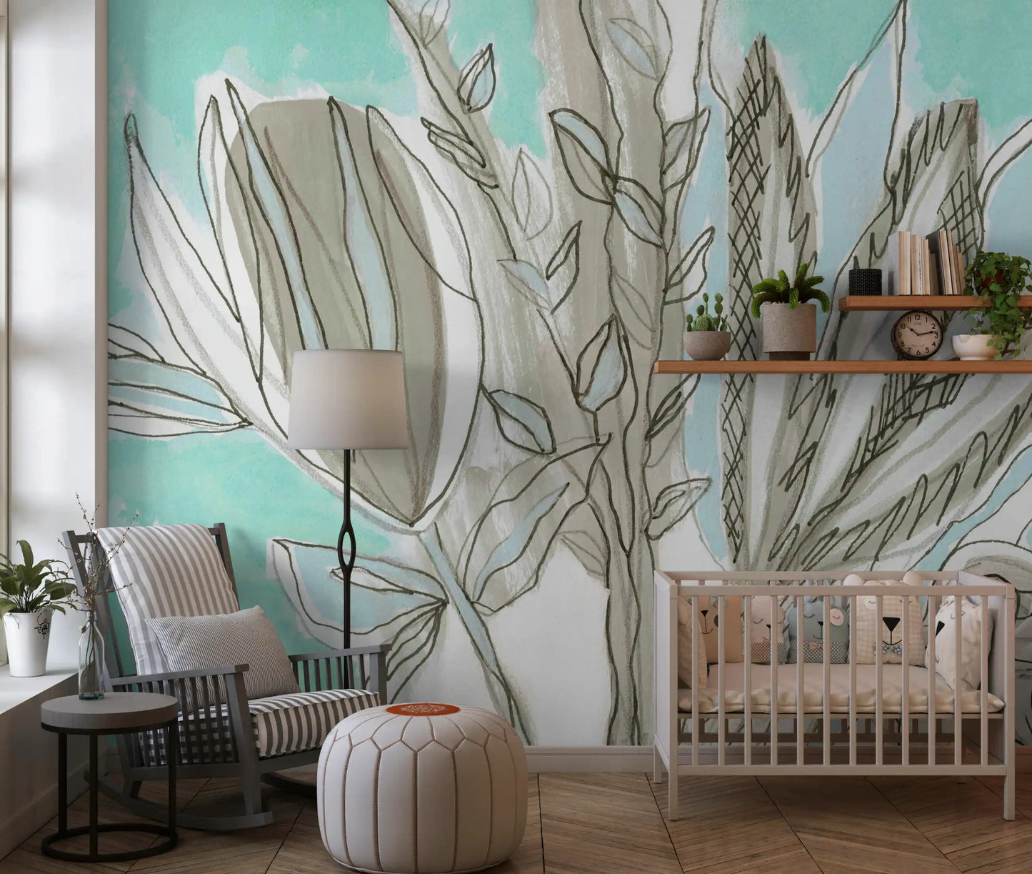 Muted Floral Line Art Wall Mural