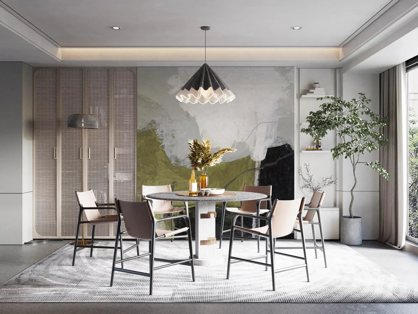 Layered Monochrome and Olive Organic Shapes Wall Mural