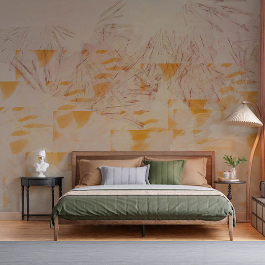 Wall mural behind a bedroom holds layered ochre and rust texture GD11280