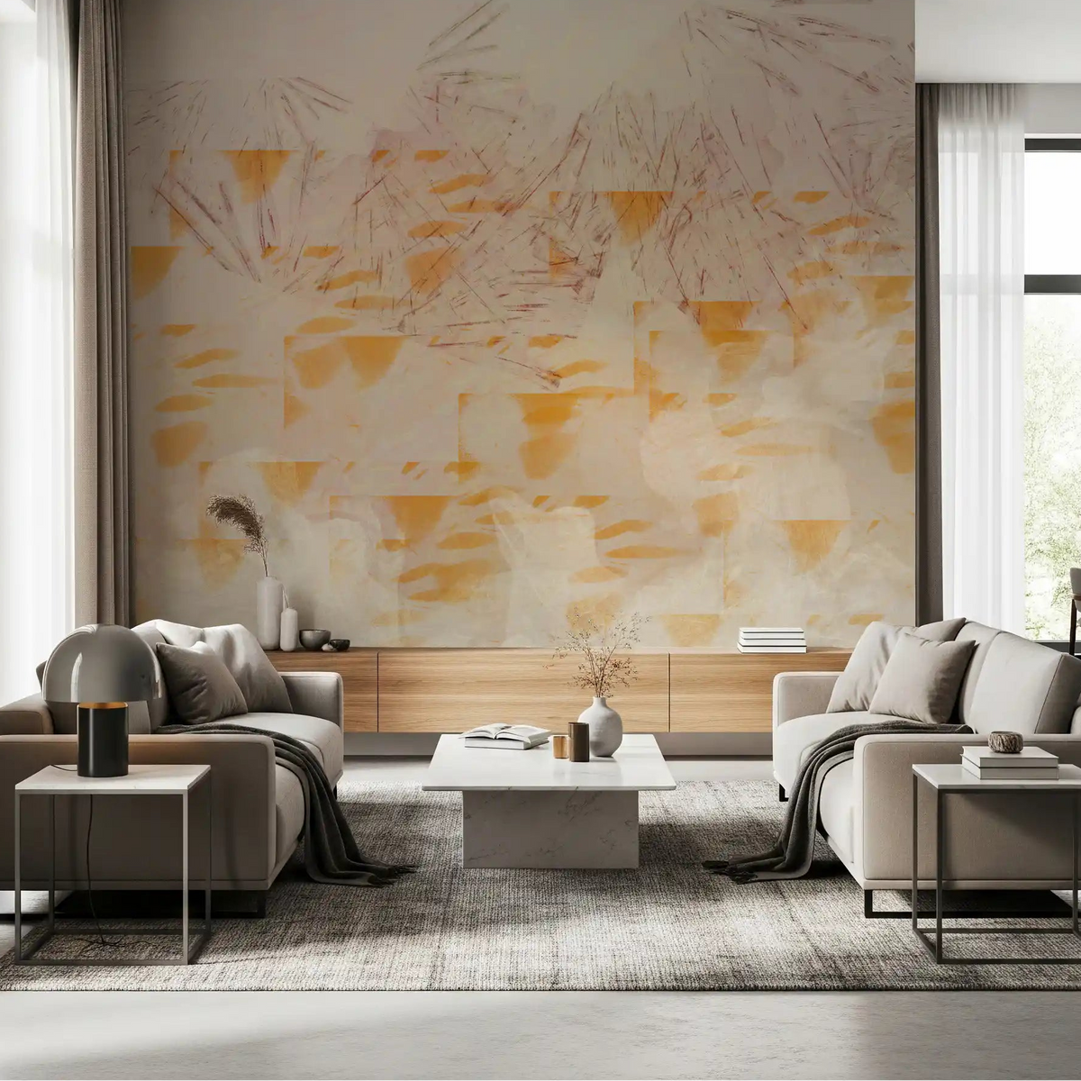 Earthy Textured Layers spread warm ochre on the wall mural in a living room GD11280