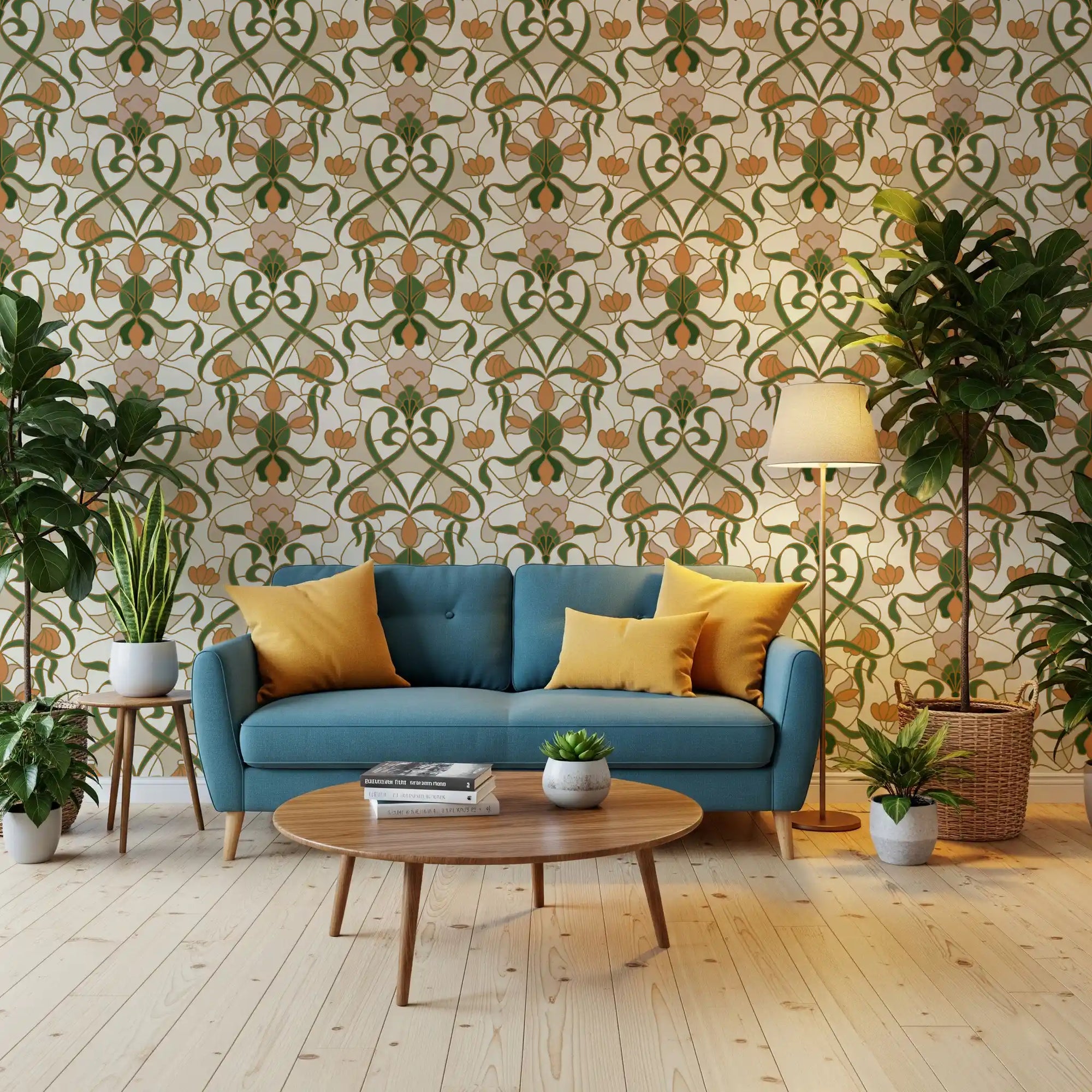 Green vines and orange tulips on wallpaper filling a living room GD11285