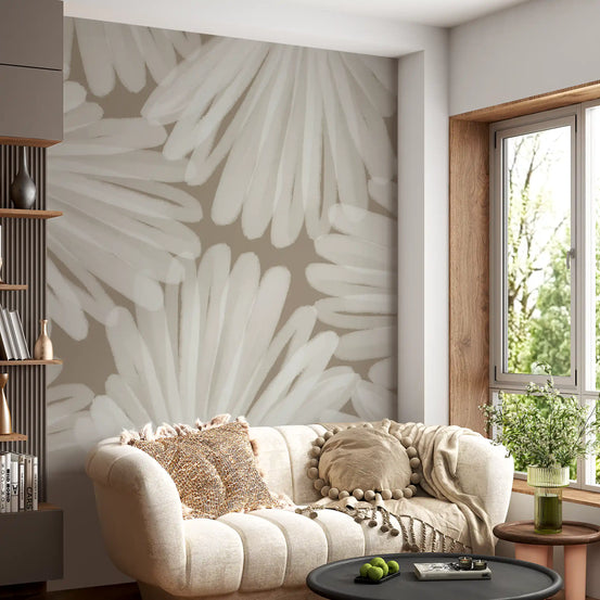 Minimalist Bloom Layers open in cream on the wall mural across a living room GD11290