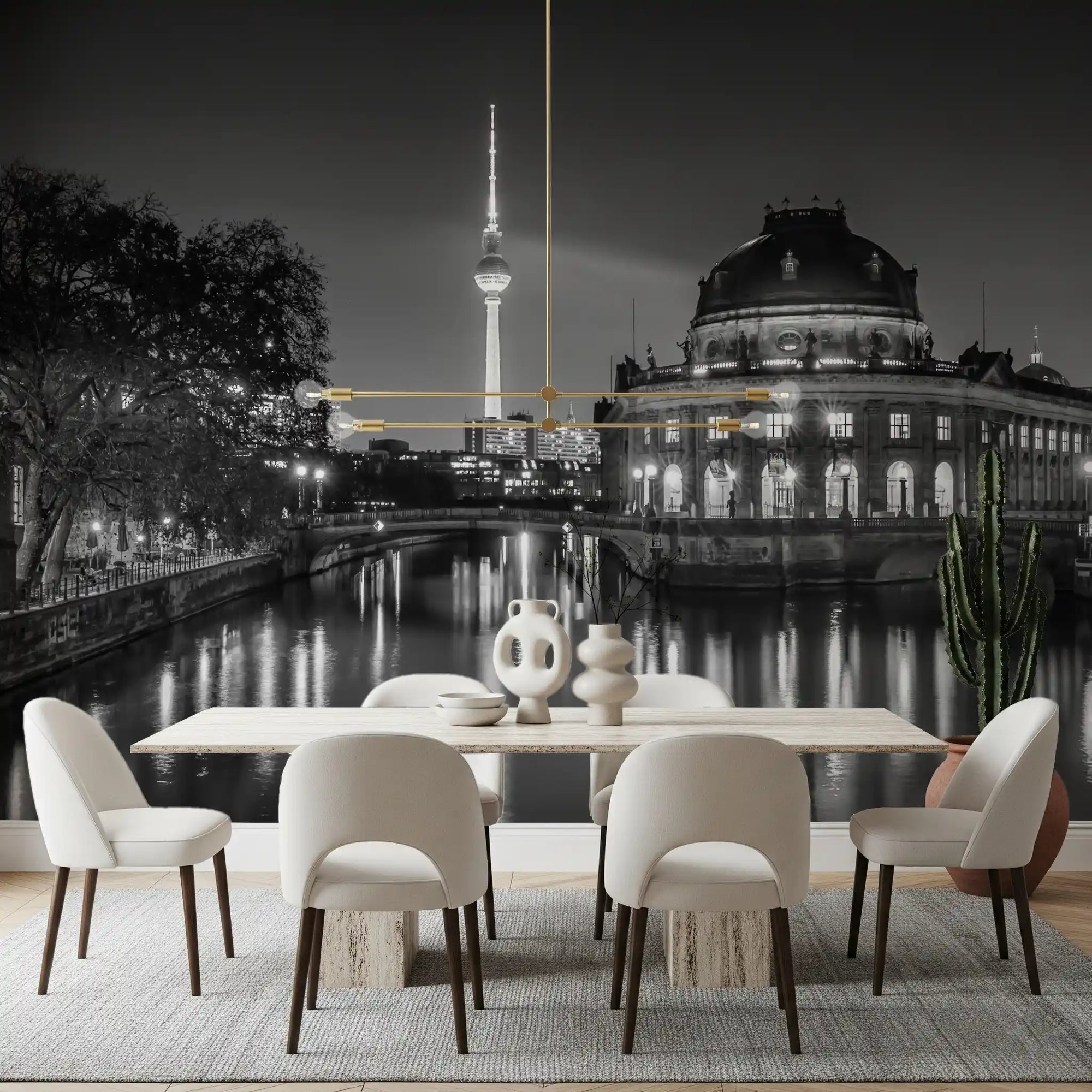 Berlin night view wall mural warming a dining room in monochrome grey GD11291